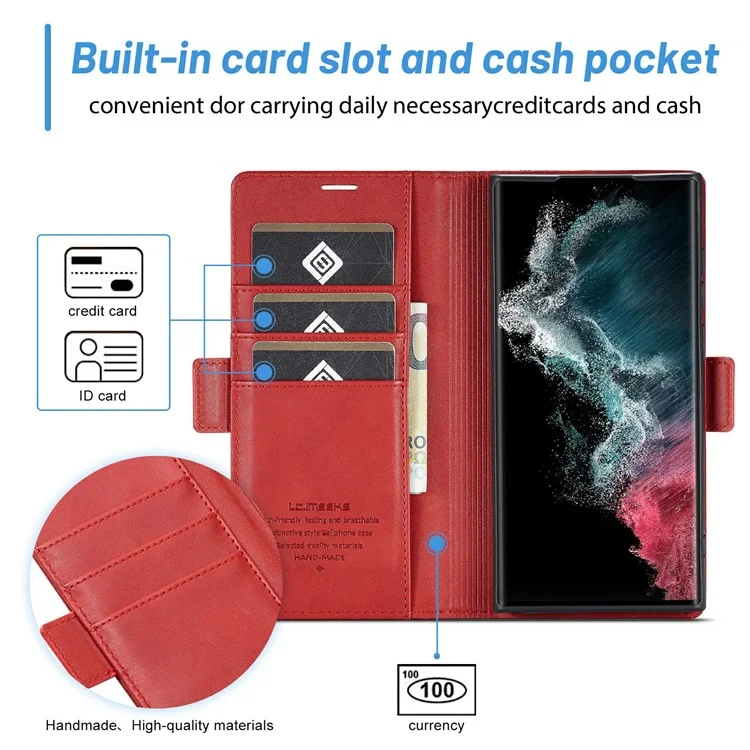 LC.IMEEKE Magnetic Case for Samsung Galaxy S24 Ultra Shell PU Leather Phone Cover - Red
