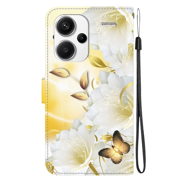 For Xiaomi Redmi Note 13 Pro+ 5G Phone Case Pattern Printing Cover Stand Wrist Strap - Gold Butterfly Flower