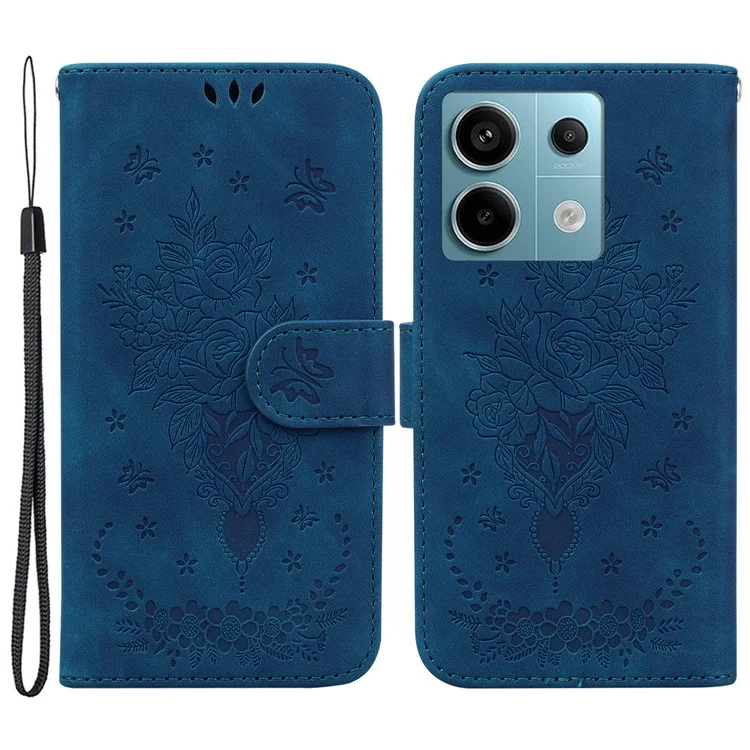 Für Xiaomi Redmi Note 13 Pro 5G / Poco X6 5G Case Geprägter Rosenblüten-Schmetterling-Telefonständer-Cover - Blau