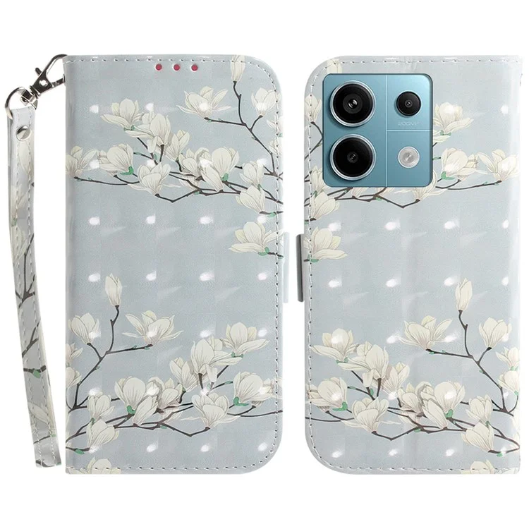 For Xiaomi Redmi Note 13 Pro 5G / Poco X6 5G Wallet Case 3D Pattern Print Leather Cover with Strap - Magnolia