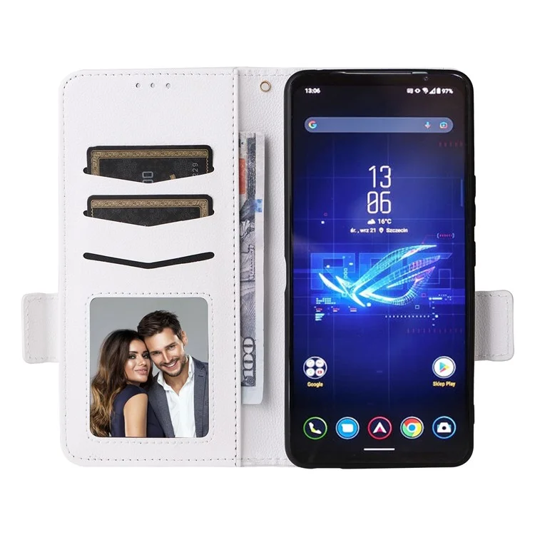 Per Asus ROG Phone 8 Pro 5G / 8 5G Custodia Magnetica in Pelle Texture Litchi con Cinturino da Polso - Bianco