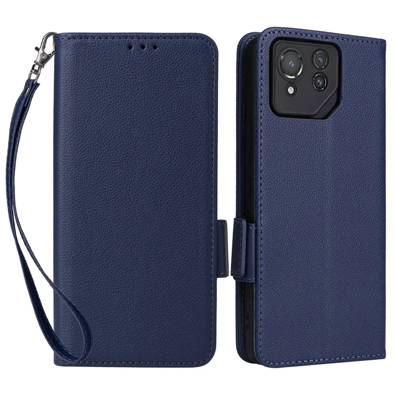 For Asus ROG Phone 8 Pro 5G / 8 5G Magnetic Case Leather Litchi Texture Cover with Wrist Strap - Dark Blue