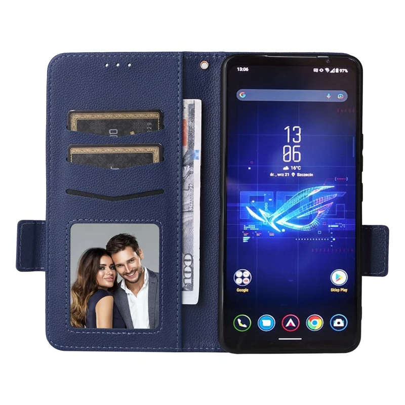 For Asus ROG Phone 8 Pro 5G / 8 5G Magnetic Case Leather Litchi Texture Cover with Wrist Strap - Dark Blue