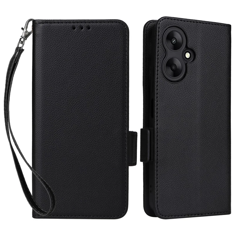 For Xiaomi Redmi 13C 5G / Redmi 13R 5G / Poco M6 5G Case with Wrist Strap Leather Cell Phone Cover - Black