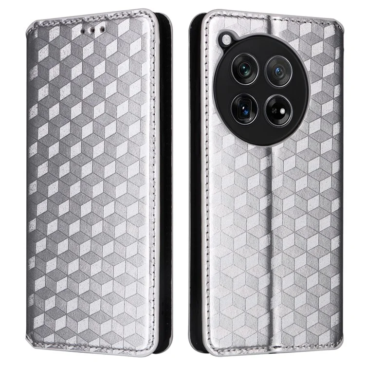 For OnePlus Ace 3 5G / 12R 5G Phone Cover Magnetic Rhombus Pattern Leather Case - Silver