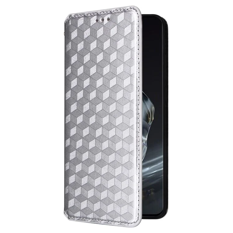For OnePlus Ace 3 5G / 12R 5G Phone Cover Magnetic Rhombus Pattern Leather Case - Silver