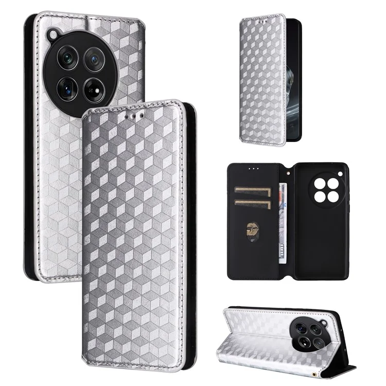 For OnePlus Ace 3 5G / 12R 5G Phone Cover Magnetic Rhombus Pattern Leather Case - Silver
