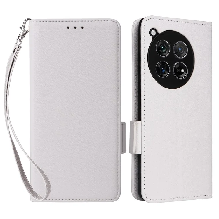 For OnePlus Ace 3 5G / 12R 5G Phone Case Leather Litchi Texture Cover with Wrist Strap - White