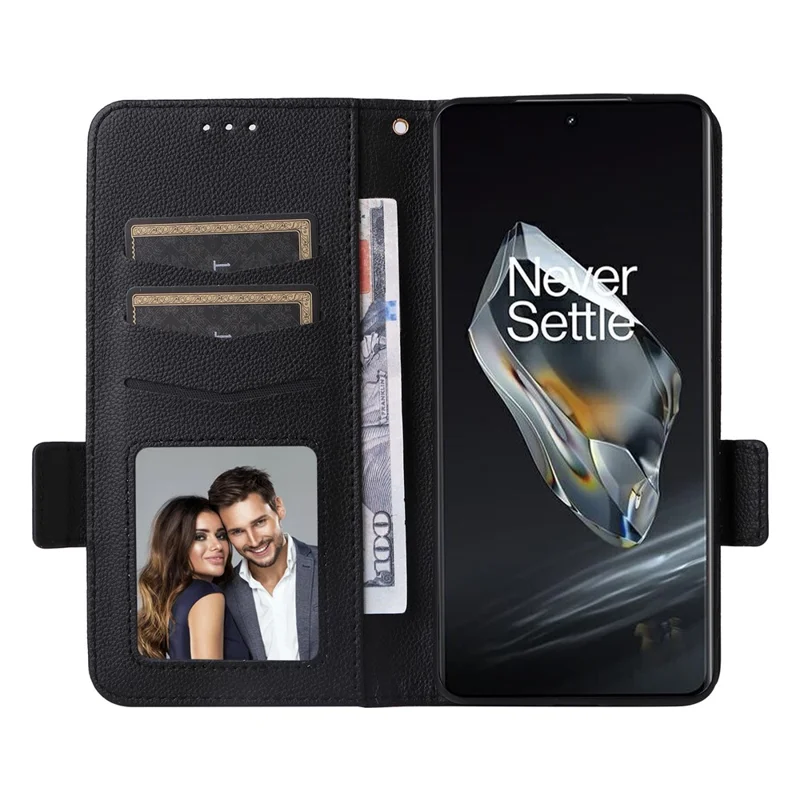 For OnePlus Ace 3 5G / 12R 5G Phone Case Leather Litchi Texture Cover with Wrist Strap - Black