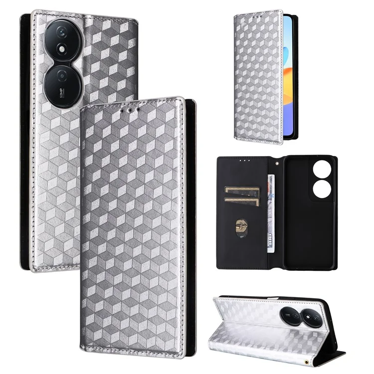 For Honor X7b 4G / X7b 5G / 90 Smart / Play 50 Plus 5G / Play 8T 5G Custodia con Motivo a Rombi Chiusura Automatica Custodia Protettiva - Argento