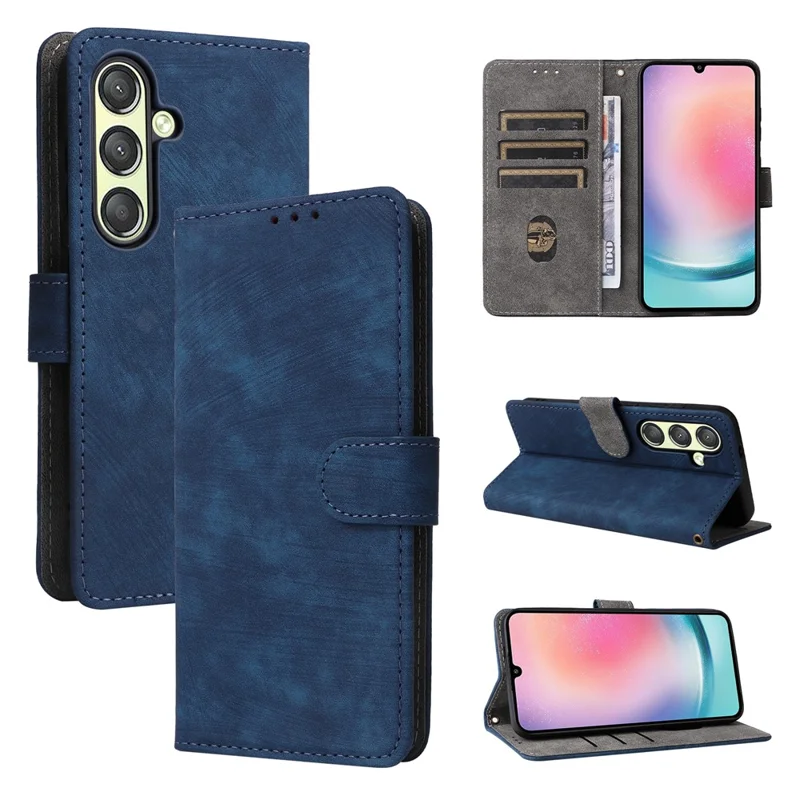 For Samsung Galaxy S24 Wallet Case RFID Blocking Phone Cover with Wrist Strap - Blue
