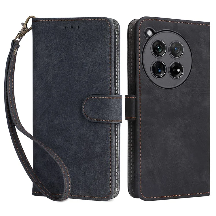 For OnePlus Ace 3 5G / 12R 5G Leather Case Stand RFID Blocking Phone Cover with Hand Strap - Black
