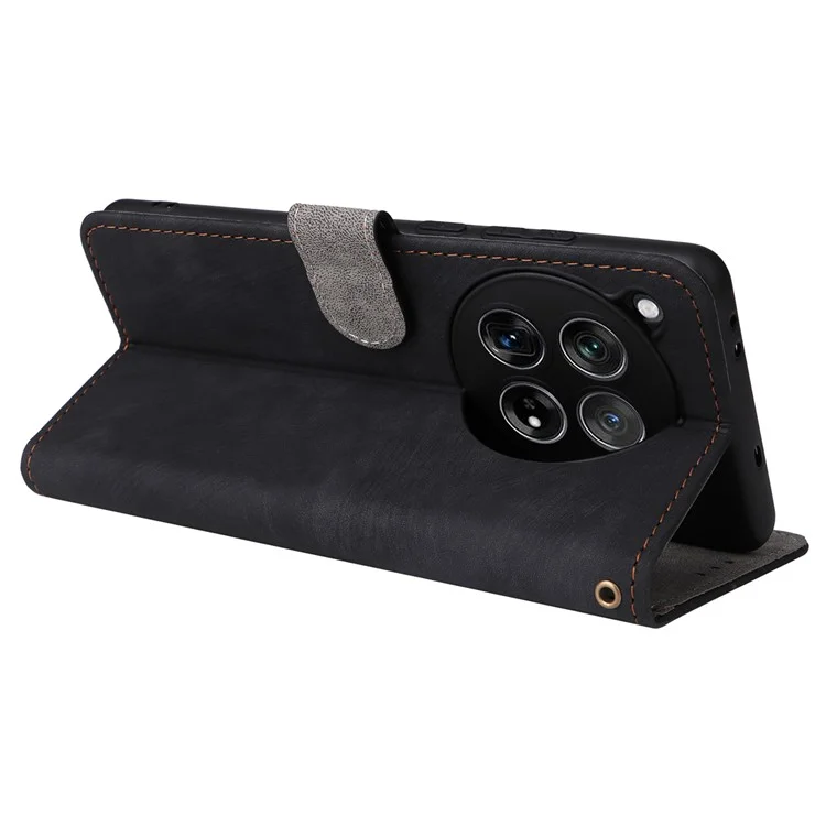 For OnePlus Ace 3 5G / 12R 5G Leather Case Stand RFID Blocking Phone Cover with Hand Strap - Black