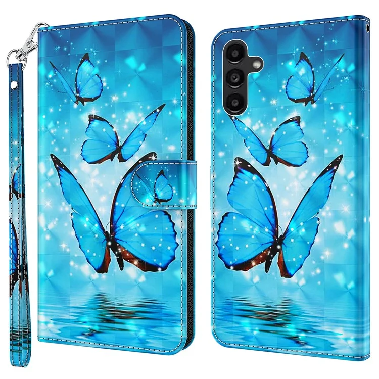 Für Samsung Galaxy A55 5G Magnetisches Handyhülle 3D-Muster Folie Ständer Cover mit Handschlaufe - blaue Schmetterlinge