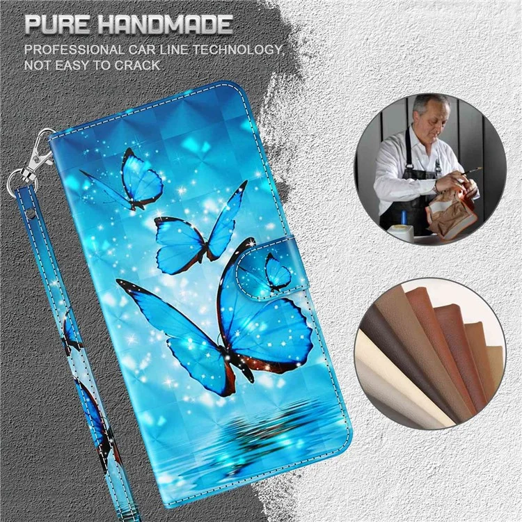 Für Samsung Galaxy A55 5G Magnetisches Handyhülle 3D-Muster Folie Ständer Cover mit Handschlaufe - blaue Schmetterlinge
