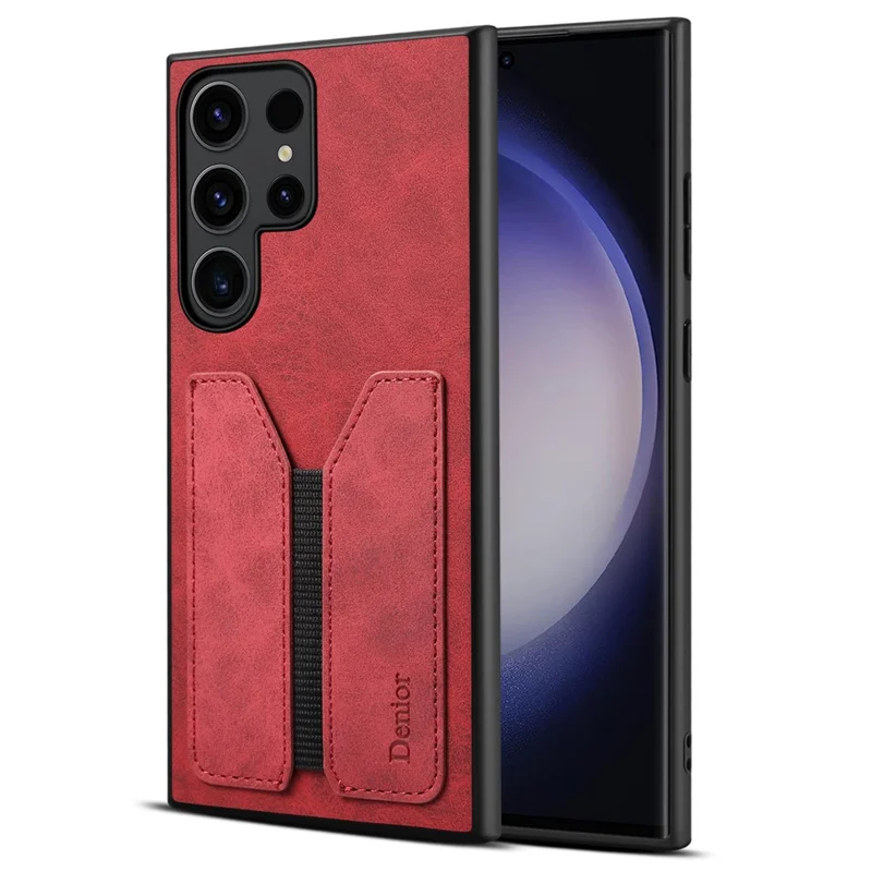 DENIOR For Samsung Galaxy S24 Ultra Phone Case Elastic Card Holder PU Leather Back Cover - Red