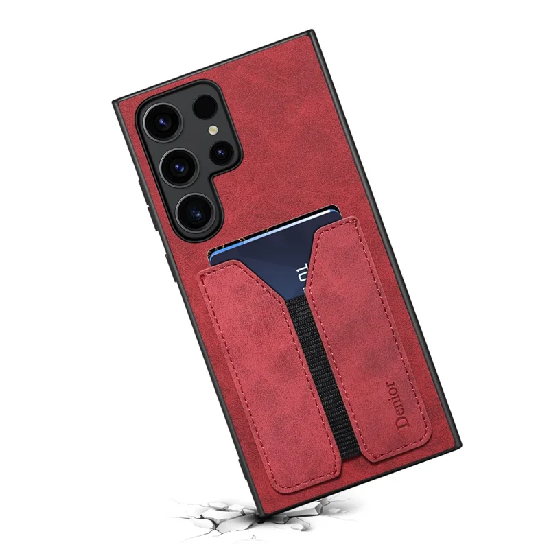 DENIOR For Samsung Galaxy S24 Ultra Phone Case Elastic Card Holder PU Leather Back Cover - Red