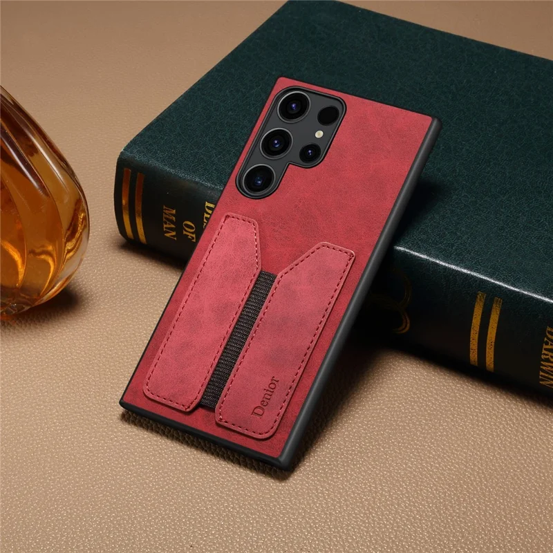 DENIOR For Samsung Galaxy S24 Ultra Phone Case Elastic Card Holder PU Leather Back Cover - Red