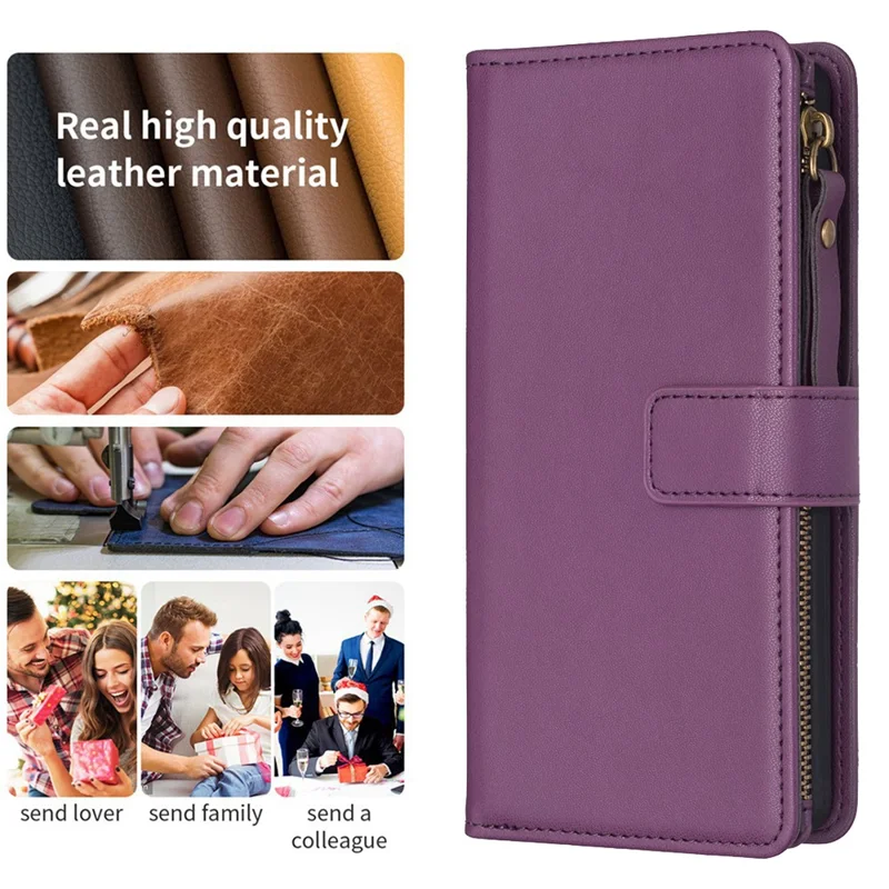 BF Style-19 for Xiaomi Redmi Note 13 Pro+ 5G Leather Wallet Case Zipper Pocket Stand Phone Cover - Dark Purple
