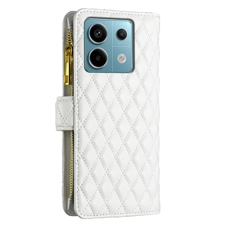 BINFEN COLOR BF Stil-15 für Xiaomi Redmi Note 13 Pro 5G / Poco X6 5G Reißverschlusstaschenkoffer Lederrhombus-Telefonabdeckung - Weiß