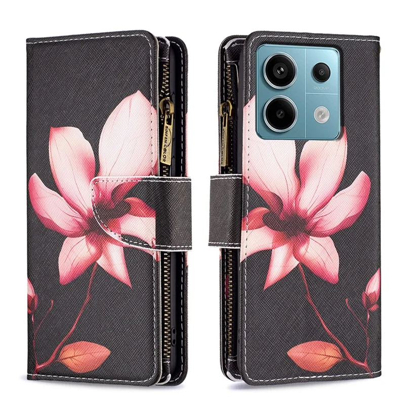BF03 voor Xiaomi Redmi Note 13 Pro 5G / Poco X6 5G Zipper Wallet Case PU Leather Pattern Printing Telefoonhoes - Lotus