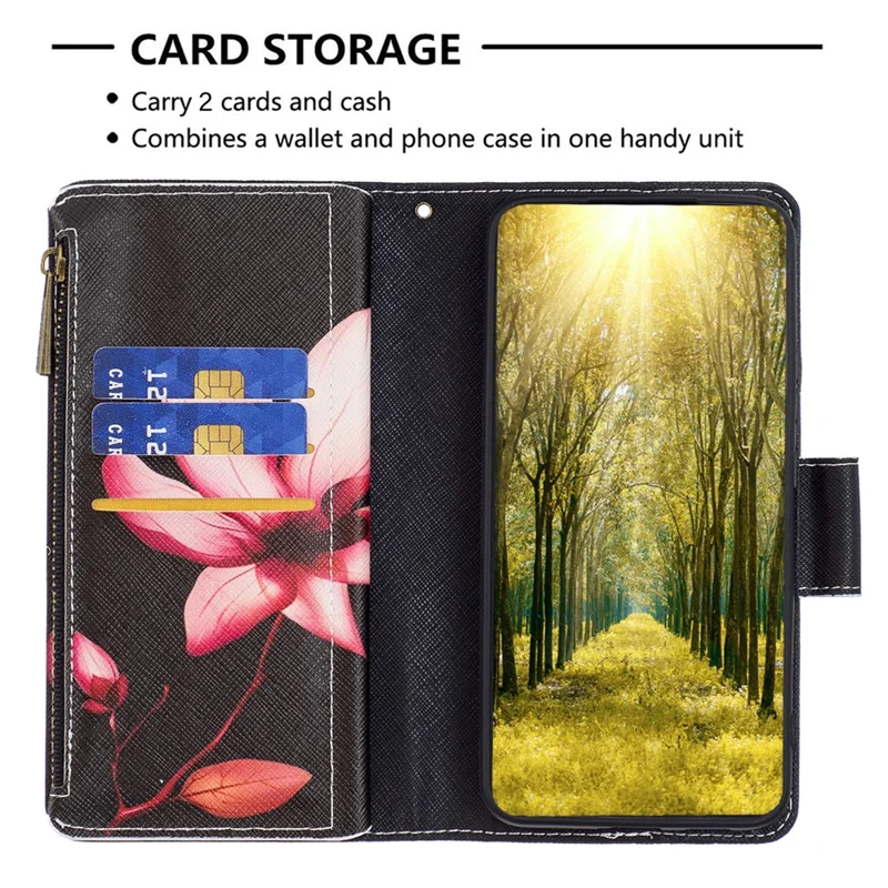 BF03 voor Xiaomi Redmi Note 13 Pro 5G / Poco X6 5G Zipper Wallet Case PU Leather Pattern Printing Telefoonhoes - Lotus