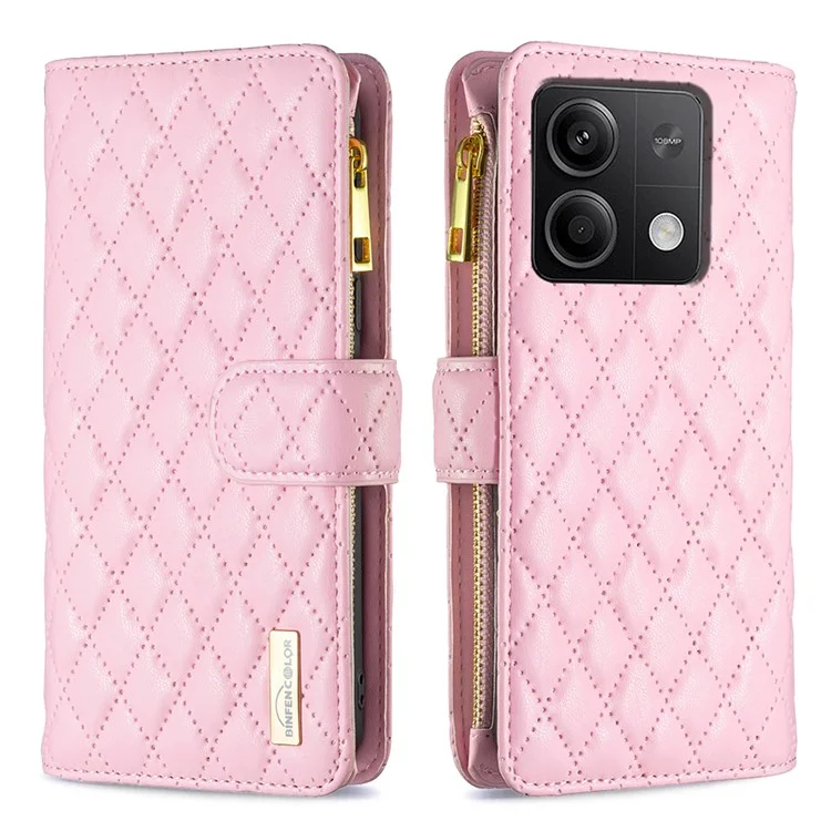 BINFEN COLOR BF Style-15 Per Xiaomi Redmi Note 13 5G Custodia in Pelle con Zip Rhombus Handbag Phone Cover - Rosa