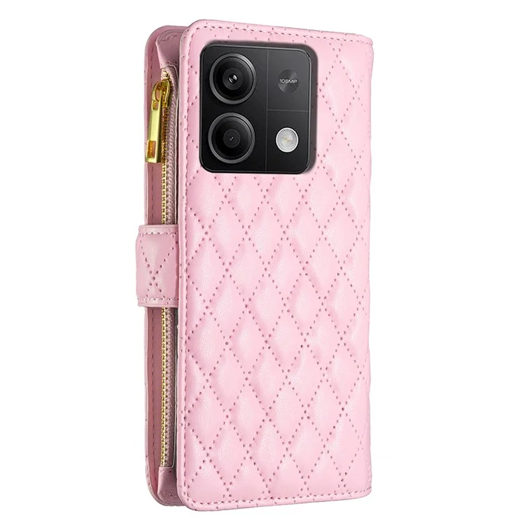 BINFEN COLOR BF Style-15 Per Xiaomi Redmi Note 13 5G Custodia in Pelle con Zip Rhombus Handbag Phone Cover - Rosa