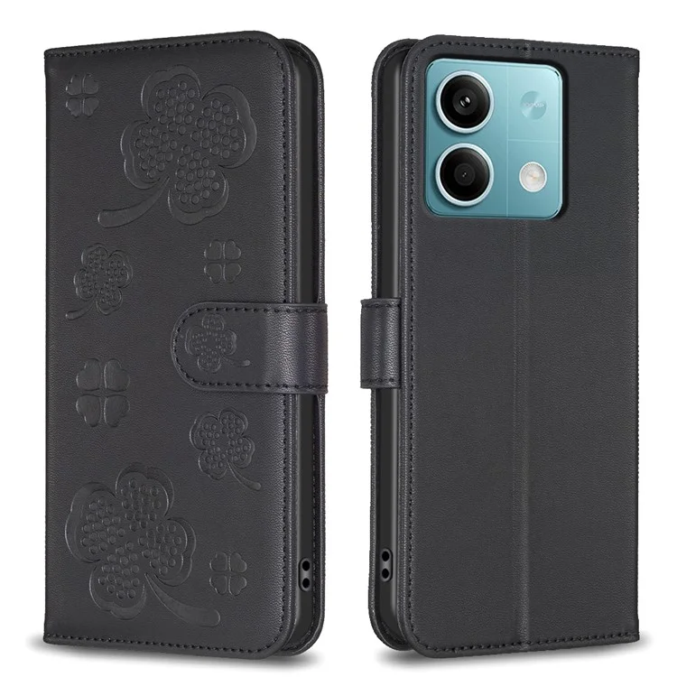 For Xiaomi Redmi Note 13 5G PU Leather Cover Four Leaf Clover Flip Wallet Phone Case - Black