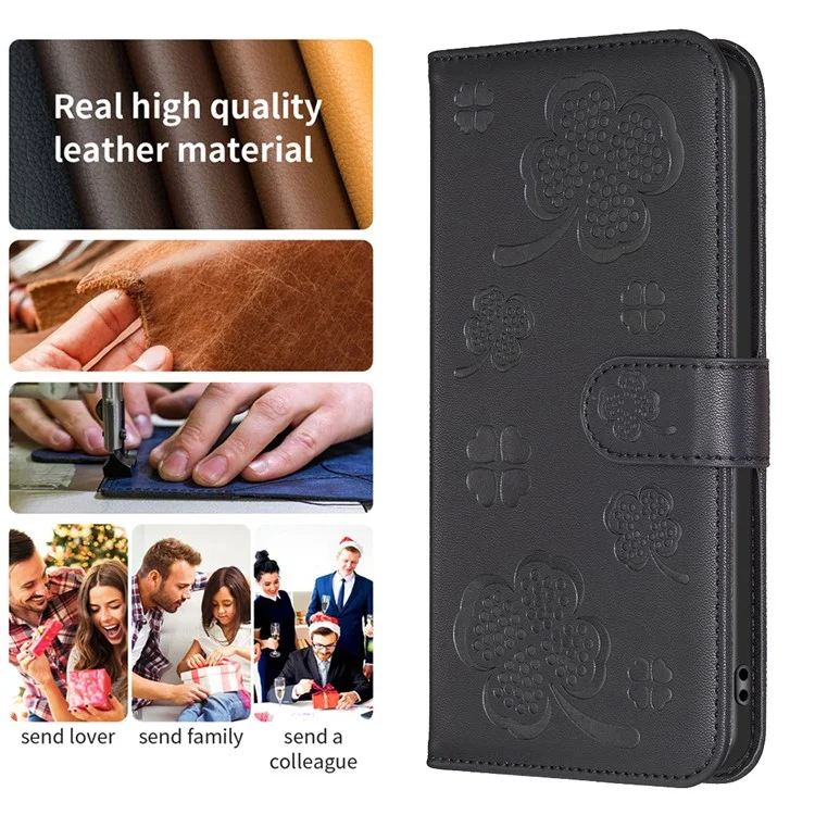 For Xiaomi Redmi Note 13 5G PU Leather Cover Four Leaf Clover Flip Wallet Phone Case - Black