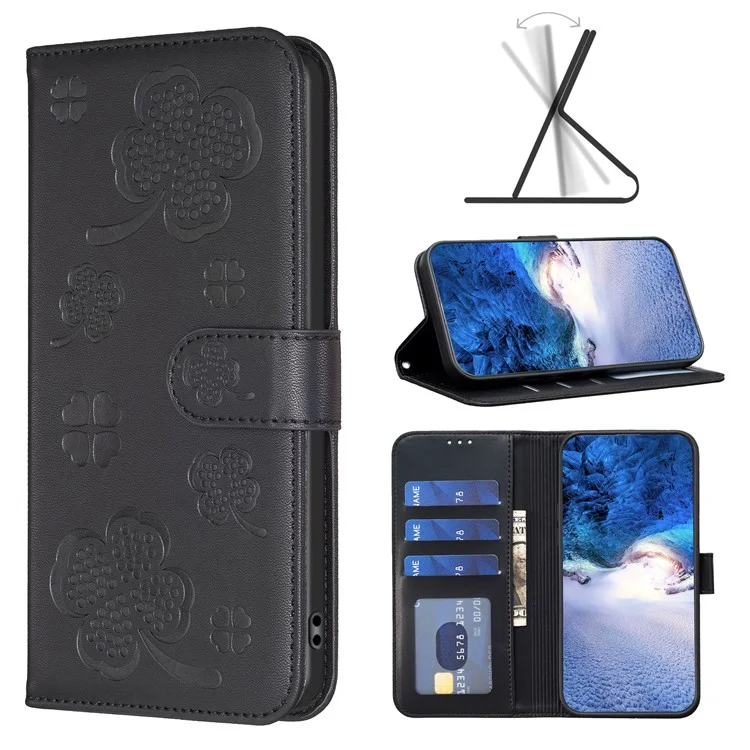 For Xiaomi Redmi Note 13 5G PU Leather Cover Four Leaf Clover Flip Wallet Phone Case - Black
