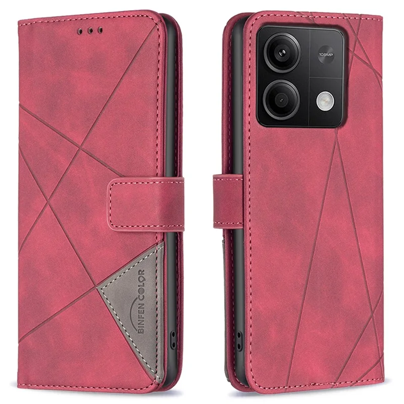 BINFEN COLOR For Xiaomi Redmi Note 13 5G Phone Cases Wallet Stand Geometry Imprint Leather Cover - Red