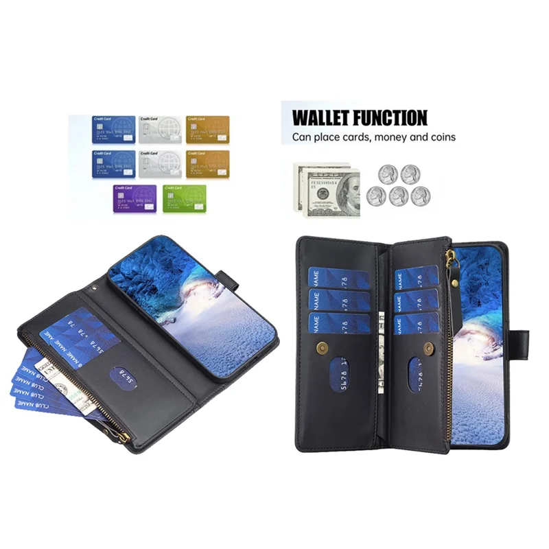 BF Style-19 for Xiaomi Redmi Note 13 5G Leather Phone Case Wallet Stand Flip Cover Zipper Pocket - Black