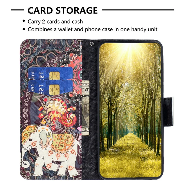For Xiaomi Redmi Note 13 5G Phone Case Pattern Printing Wallet Leather Cover - Flower and Elephant