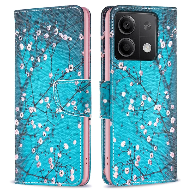 For Xiaomi Redmi Note 13 5G PU Leather Phone Case TPU Inner Shell Pattern Printing Design - Plum Blossom