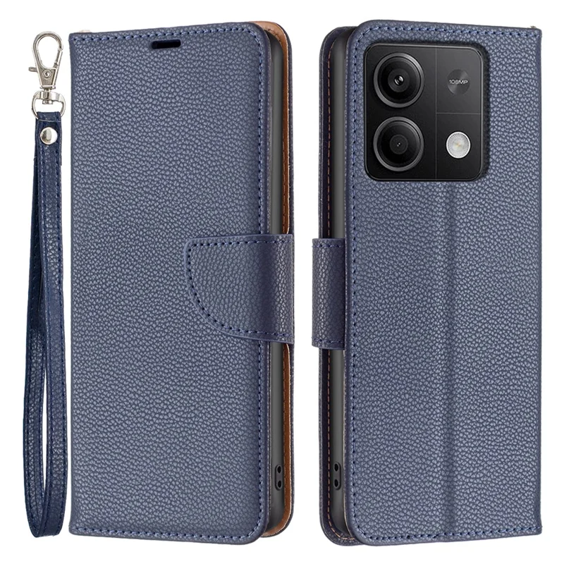 For Xiaomi Redmi Note 13 5G Wallet Case with Wrist Strap Litchi Texture Leather Phone Stand Cover - Dark Blue