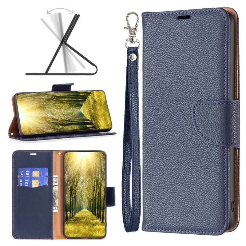 For Xiaomi Redmi Note 13 5G Wallet Case with Wrist Strap Litchi Texture Leather Phone Stand Cover - Dark Blue