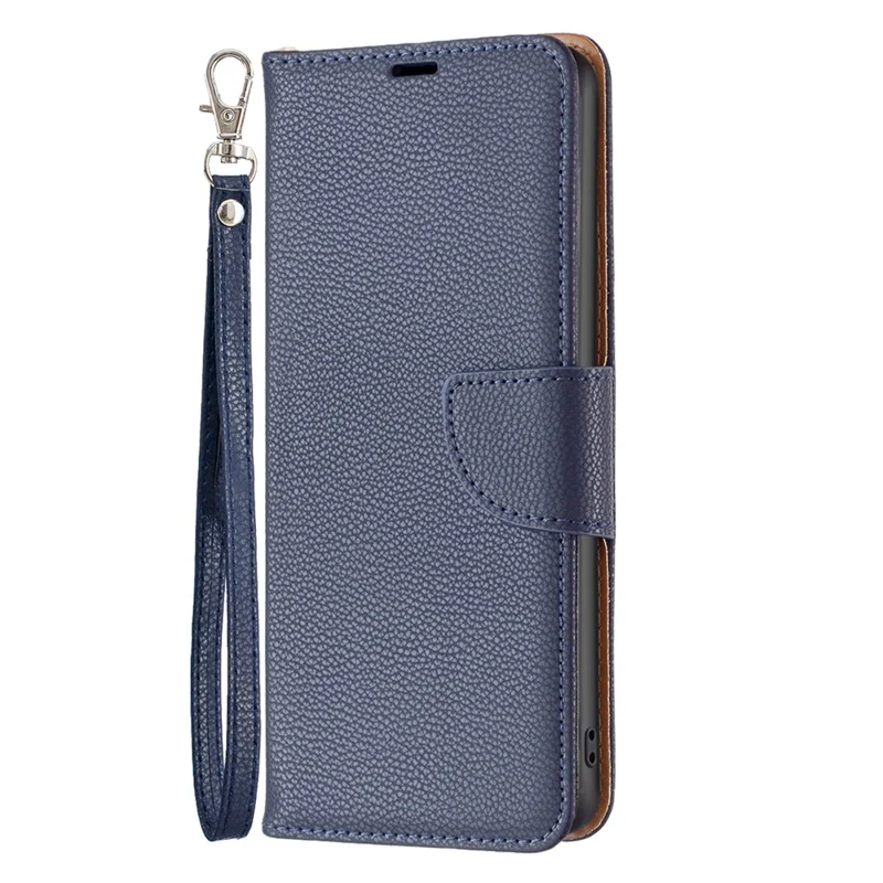 For Xiaomi Redmi Note 13 5G Wallet Case with Wrist Strap Litchi Texture Leather Phone Stand Cover - Dark Blue