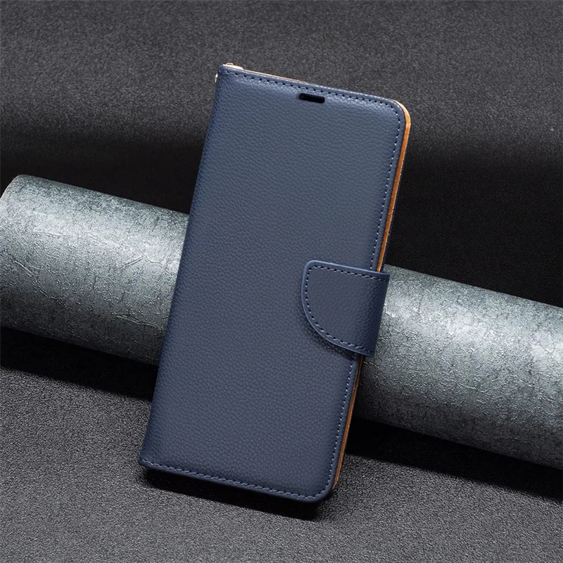 For Xiaomi Redmi Note 13 5G Wallet Case with Wrist Strap Litchi Texture Leather Phone Stand Cover - Dark Blue