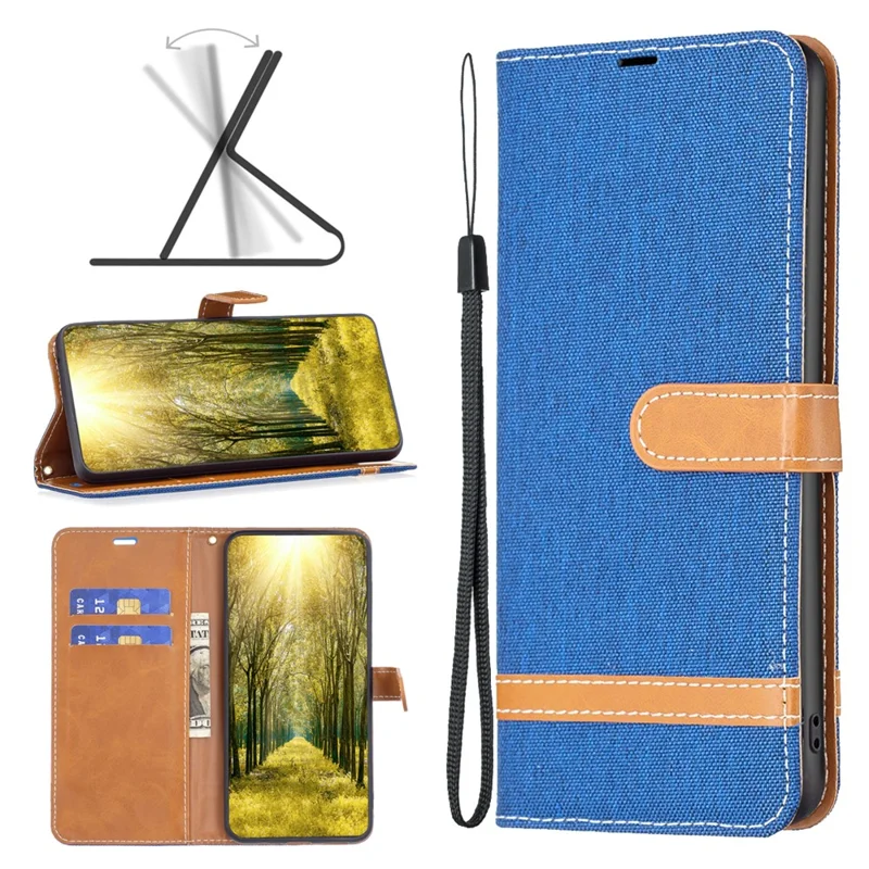 For Xiaomi Redmi Note 13 5G Leather Phone Case Wallet Cover Jeans Cloth Splicing - Sapphire
