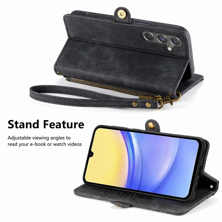 For Samsung Galaxy A15 4G / A15 5G Zipper Wallet Case Geometry Lines Leather Phone Cover with Strap - Black