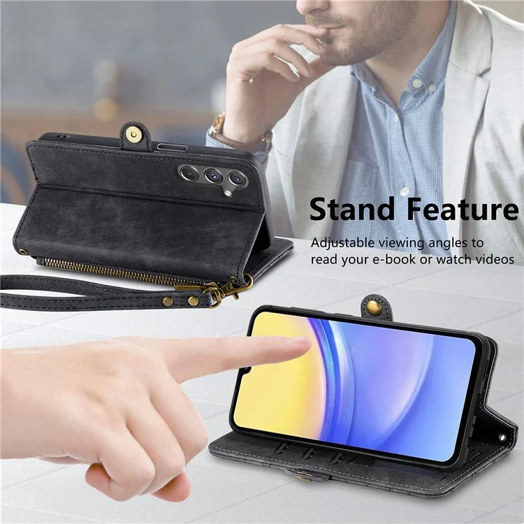 For Samsung Galaxy A15 4G / A15 5G Zipper Wallet Case Geometry Lines Leather Phone Cover with Strap - Black