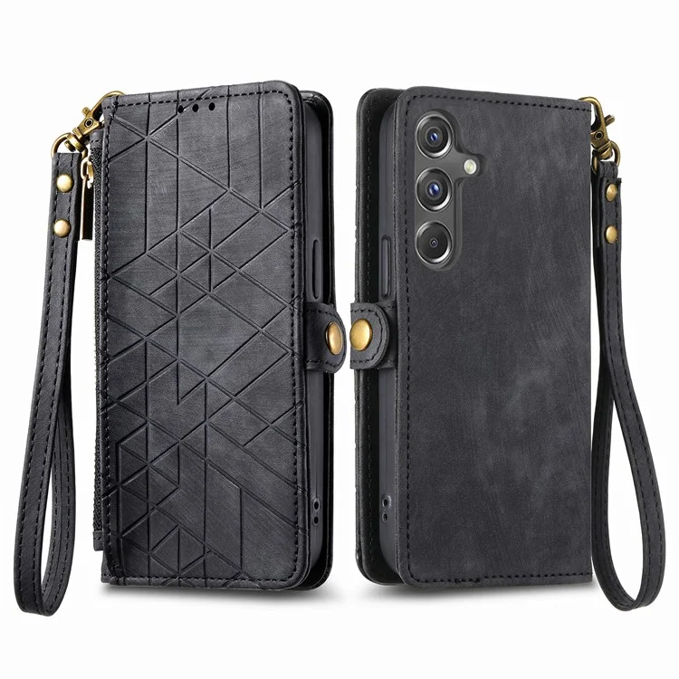 For Samsung Galaxy A15 4G / A15 5G Zipper Wallet Case Geometry Lines Leather Phone Cover with Strap - Black