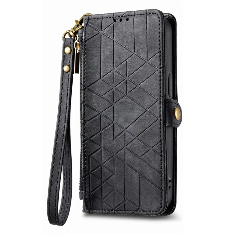 For Samsung Galaxy A15 4G / A15 5G Zipper Wallet Case Geometry Lines Leather Phone Cover with Strap - Black