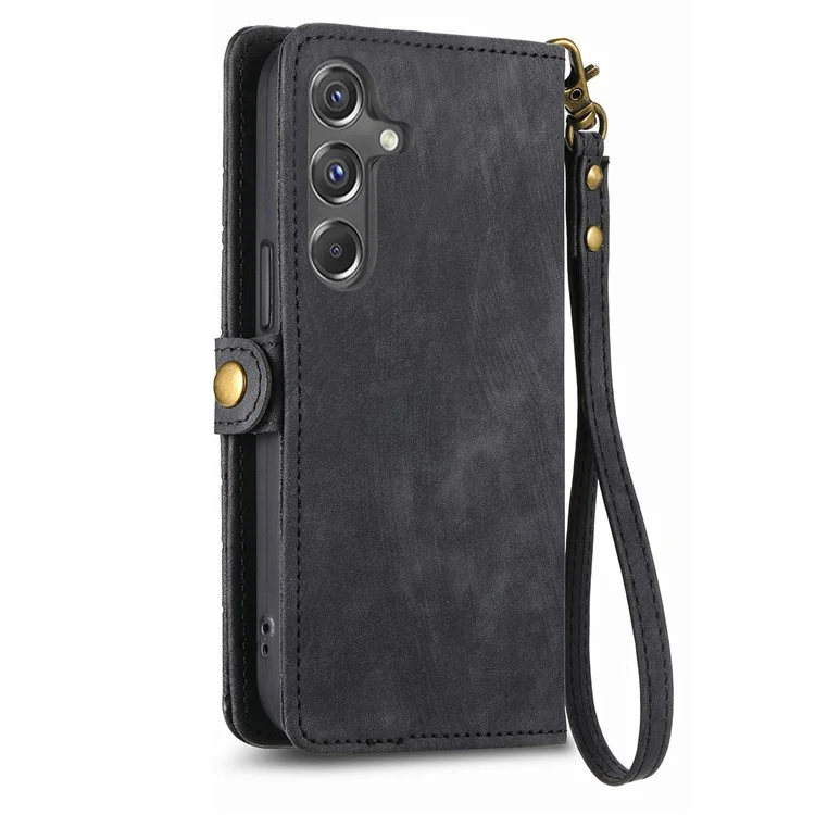 For Samsung Galaxy A15 4G / A15 5G Zipper Wallet Case Geometry Lines Leather Phone Cover with Strap - Black