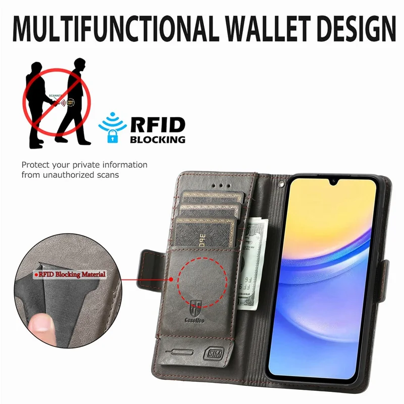 For Samsung Galaxy A15 4G / A15 5G Phone Cases CASENEO PU Leather Cover Stand with RFID Blocking Wallet - Grey