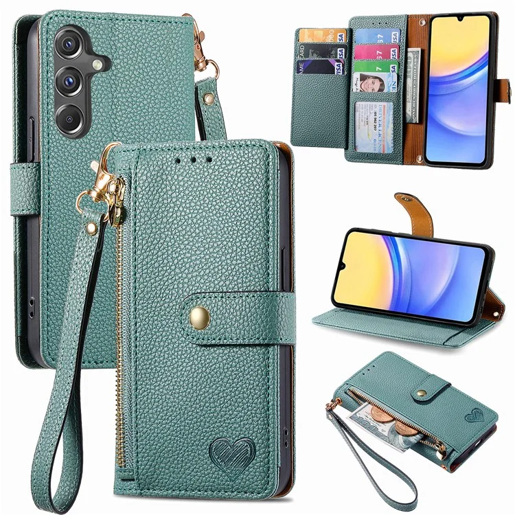 For Samsung Galaxy A15 4G / 5G Phone Case Heart Pattern Leather RFID Blocking Cover - Green