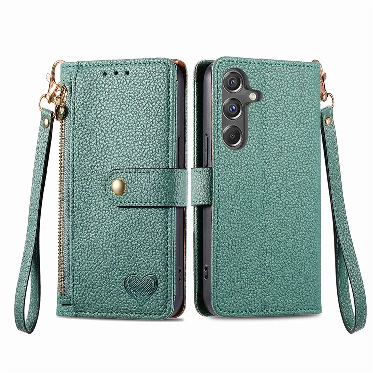 For Samsung Galaxy A15 4G / 5G Phone Case Heart Pattern Leather RFID Blocking Cover - Green