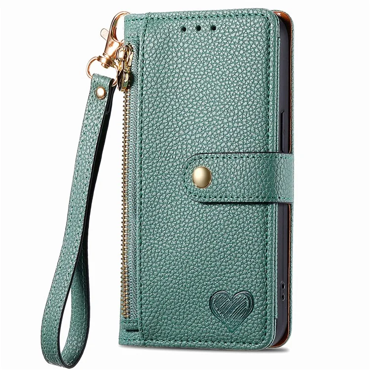 For Samsung Galaxy A15 4G / 5G Phone Case Heart Pattern Leather RFID Blocking Cover - Green
