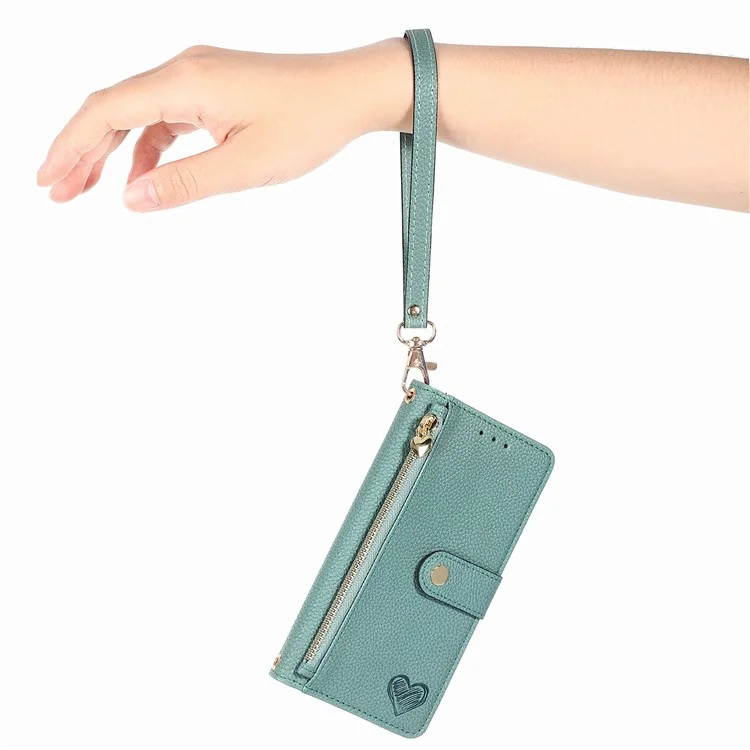 For Samsung Galaxy A15 4G / 5G Phone Case Heart Pattern Leather RFID Blocking Cover - Green